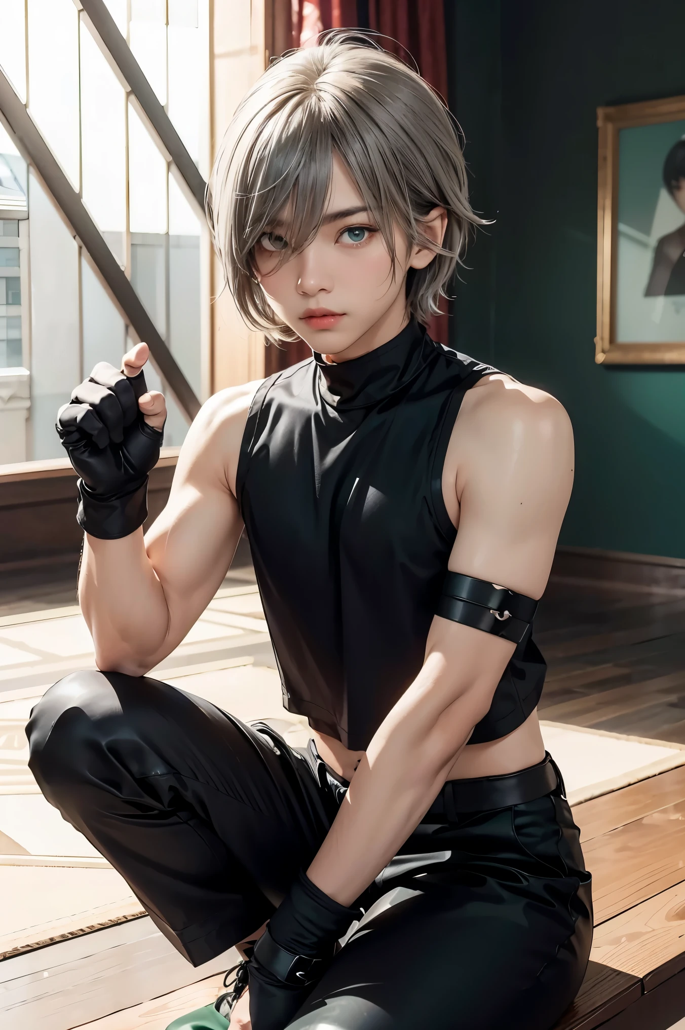 masterpiece, best quality,alhaitham(genshin impact), 1boy, male focus, shirt, solo, gloves, sleeveless shirt, grey hair, green eyes, sleeveless, ahoge, black shirt, bangs, hair over one eye, black gloves, indoors, sanctuary, fingerless gloves, black pants, pants, swept bangs, boots, bare shoulders, short hair, elbow gloves,(kbxll:0.6), open hands, muscles