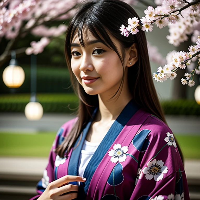 (highest quality、Realism:1.37)、Traditional Japanese art style、Gorgeous kimono、A gorgeous obi with a complex pattern、Vibrant colors、Delicate cherry blossom petals、Flickering lanterns、soft and warm lighting、Endless rows of cherry blossom trees、A gentle breeze carrying the scent of spring、Calm and relaxed atmosphere、Hair accessories with attention to detail、Delicate brushwork accentuates the delicate features of the woman&#39;s face、Graceful Geisha Makeup、Subtle emotions reflected in the eyes and lips、The carefully drawn kimono patterns seem to flow with life、Careful attention to every fold and wrinkle in the fabric、Perfect posture and graceful standing、In the background, a carefully pruned tree々A traditional Japanese garden with carefully placed rocks、A serene koi pond reflecting the beauty of its surroundings、Traditional tea room with shoji doors and tatami mats、A faint mist creates a fantastic atmosphere.、Capture unforgettable moments with a traditional art form