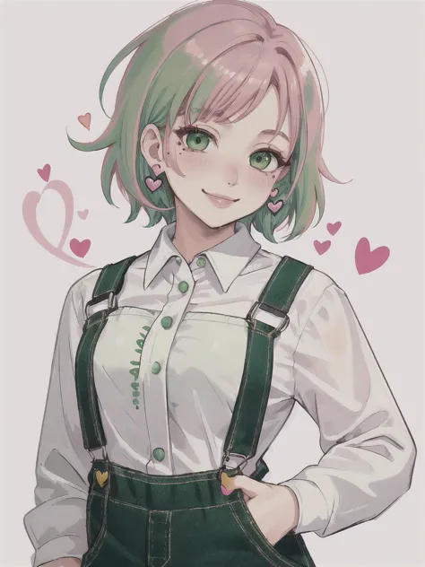 1girl, blush, earrings, green eyes, green hair, heart, jewelry, long sleeves, looking at viewer, mole, mole under eye, overalls,...