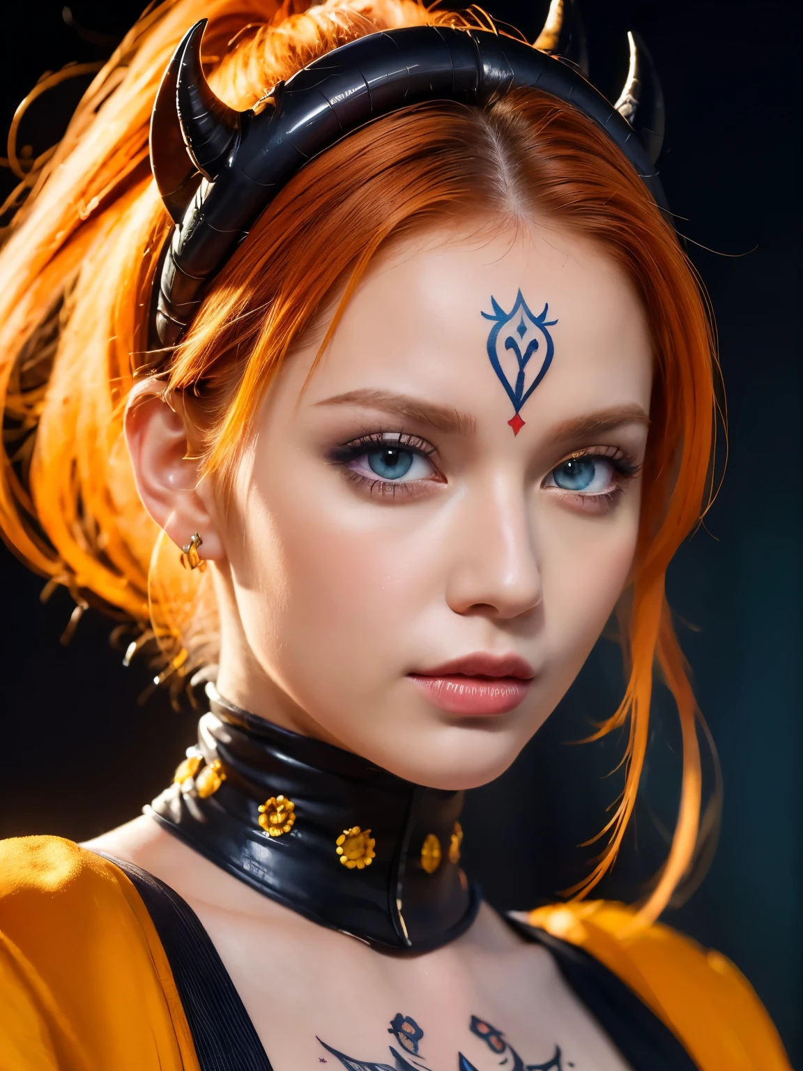 (((masterpiece))), (((highest quality: 1.4))), ((Super Detail: 1.4)) , An extremely detailed gouache painting of a tiefling woman, Gorgeous exotic features, Amber neon eyes:1.5,  Orange Hair, Highly detailed facial features, Expressive Face, Detailed Texture, Blue skin tone, Tattoo, Natural Skin Shader, Volumetric, Warm shades beneath her skin, Ultra-high resolution