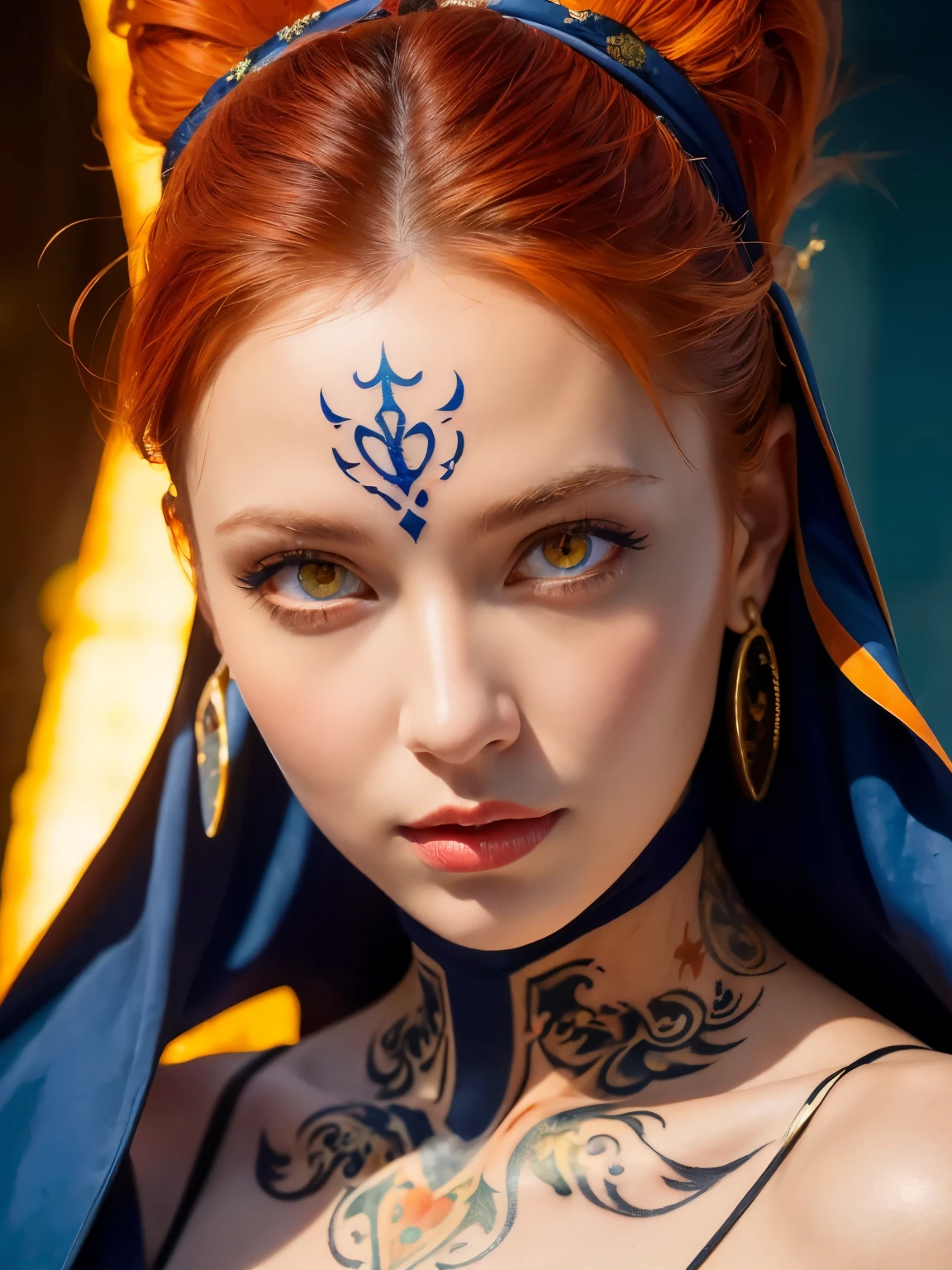 (((masterpiece))), (((highest quality: 1.4))), ((Super Detail: 1.4)) , An extremely detailed gouache painting of a tiefling woman, Gorgeous exotic features, Amber neon eyes:1.5,  Orange Hair, Highly detailed facial features, Expressive Face, Detailed Texture, Blue skin tone, Tattoo, Natural Skin Shader, Volumetric, Warm shades beneath her skin, Ultra-high resolution