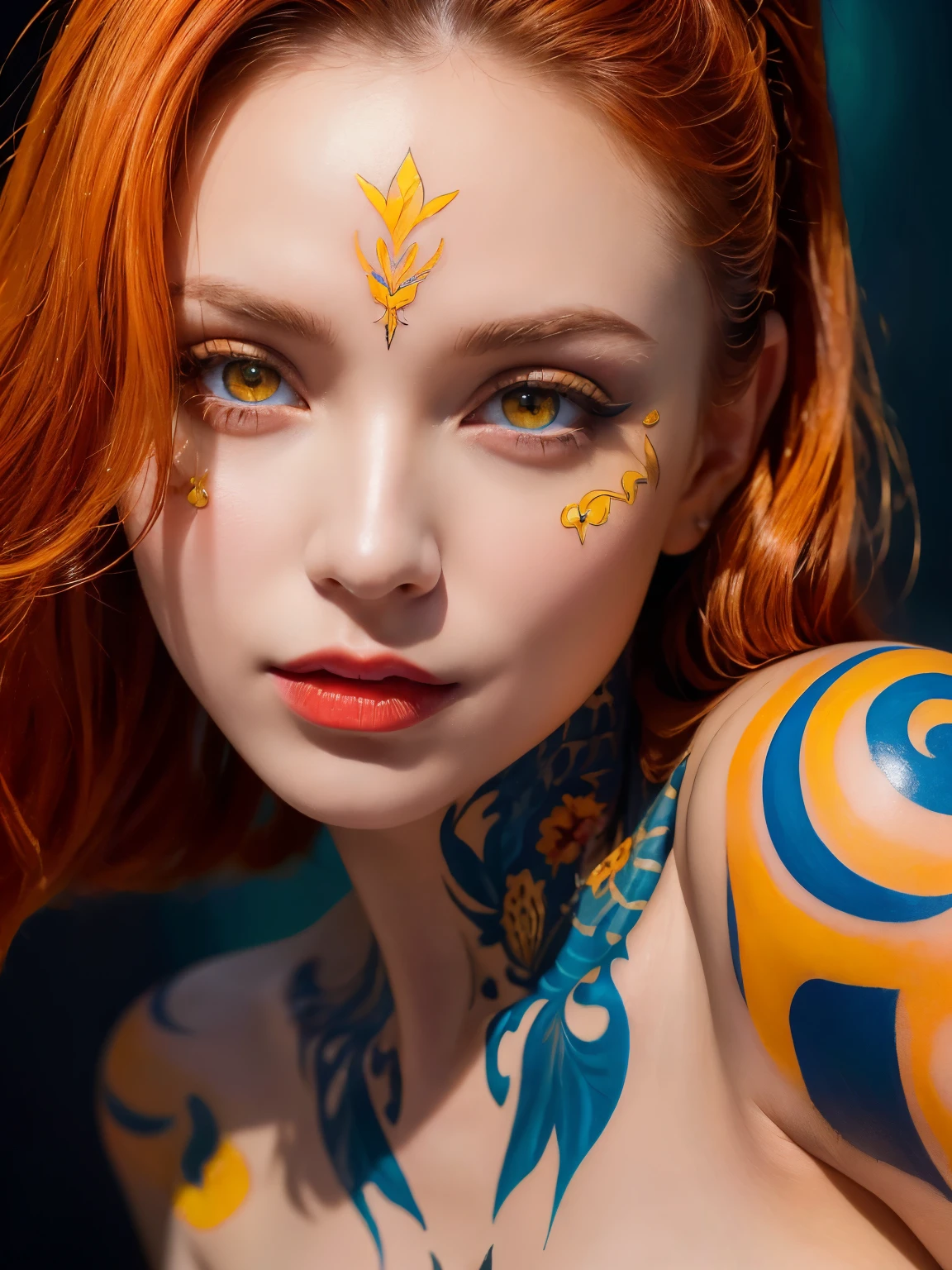 (((傑作))), (((最好的品質: 1.4))), ((超細節: 1.4)) , 一幅極其細緻的水粉畫，描繪了一位提夫林女人, 華麗的異國特色, 琥珀色霓虹燈眼睛:1.5,  橘色頭髮, 高度細緻的臉部特徵, 富有表情的臉, 細緻的紋理, 藍色膚色, 刺青, 自然皮膚著色器, 體積式, 她皮膚下的溫暖色調, 超高解析度