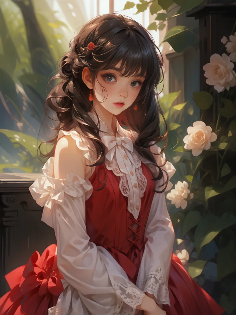 1girl, beauty, Wearing a rose-red Lolita magic dress，Beautiful eyes，Beautiful hair accessories，The background is beauty&#39;s magic room，Lolita style，Second Dimension，Masterpiece，High quality and high resolution，comics，Small fresh, cowboy shot, uhd, retina, ccurate, anatomically correct, textured skin, super detail, award winning, best quality, 8K, 1lltnh1