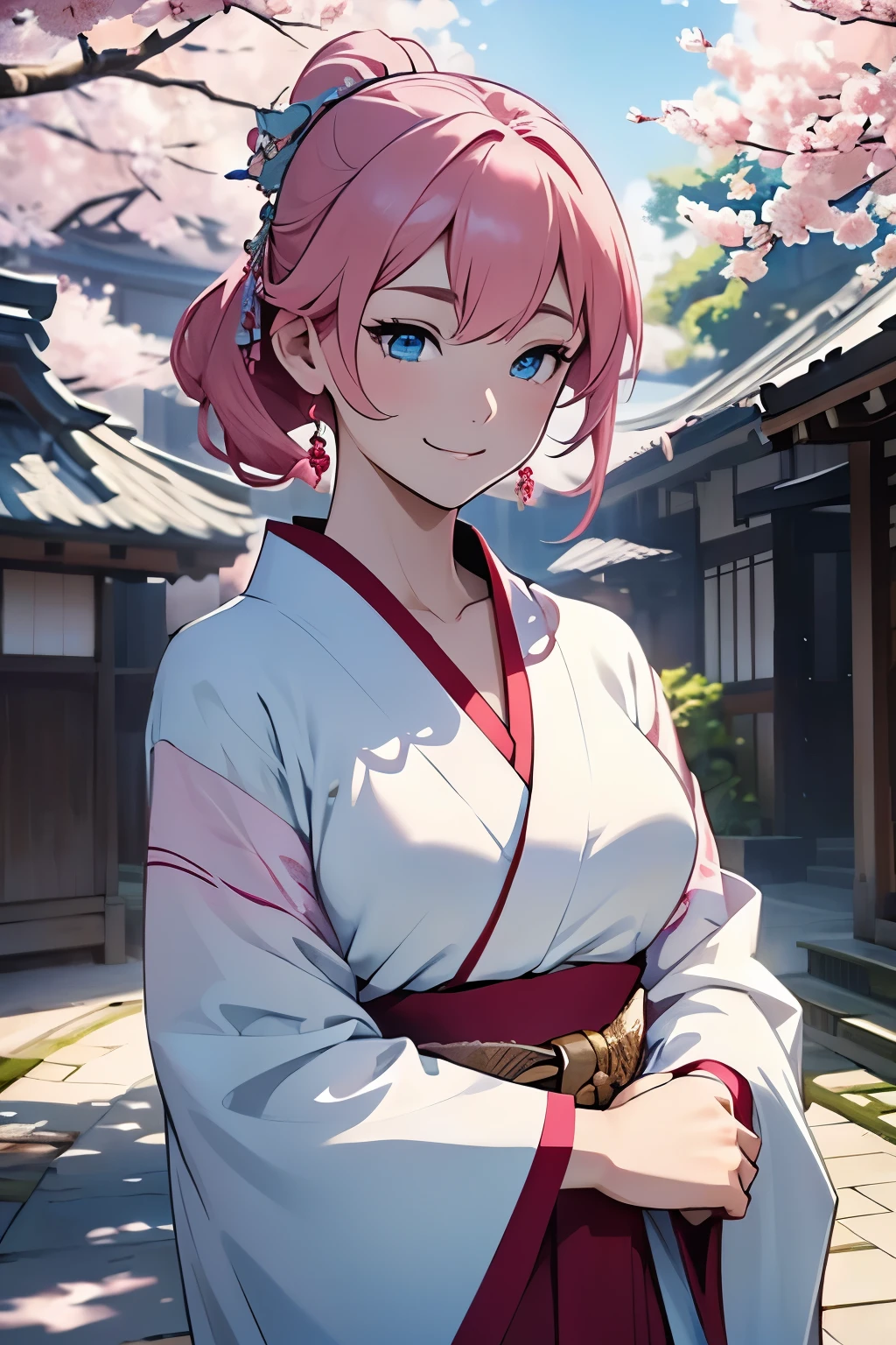 (Masterpiece, best quality:1.2), POV (point of view), solo focus, upper body, one girl in traditional Japanese clothes, such as a kimono, with pink hair and captivating blue eyes, stands before cherry blossom trees. The sunlight filters through the blossoms, casting a soft glow on her sleek attire. Her hand gently rests on the other's cheek, causing a radiant smile to spread across her face. The delicate lines of her kimono, complemented by her slim waist, accentuate her femininity. Her large breasts subtly sway beneath the generous folds of her garment. The scene exudes a serene and elegant atmosphere.