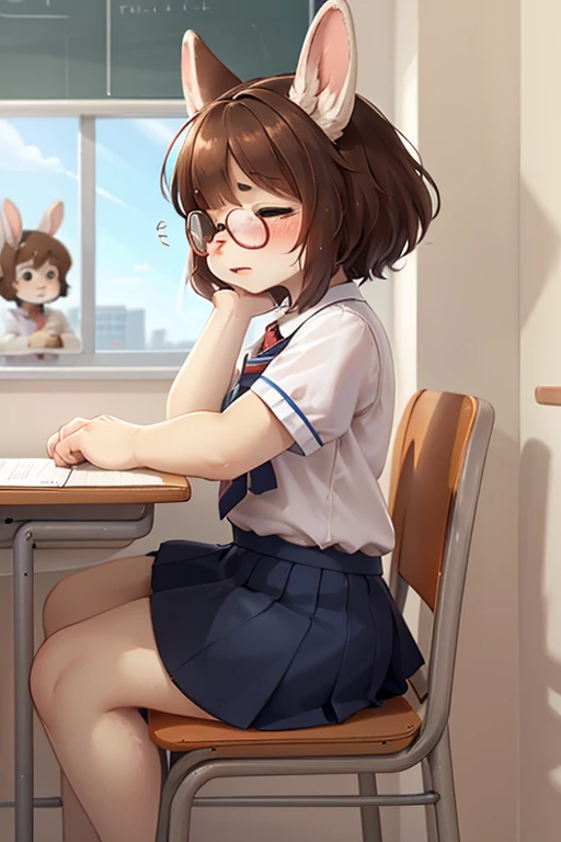 left side view , focus face , hairy bunny Short stature girl , (realistic hairy bunny fur:1.2) , round Mumps face , (tilt face:1.2) , dull geek , closed eyes , Swollen cheeks , shy , glossy lips , eyewear , in the school , Class is in progress , school sailor , skirt , sit on chair , Bored attitude , Place chin on hand , sleeping  , head on the desk