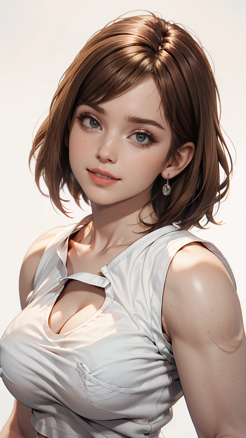 highest quality, Realistic, 8k, High resolution, 1 girl, woman, (Skin dents), (Portraiture: 0.6), nice, (White Background: 1.82)), ((Big round breasts, Sleeveless White T-Shirt: 1.75)), Straight Watching Viewers: 1.8, (1 girl Eyes, Medium length hair, Brown Hair, Parted bangs : 1.65), Realistic, (Bokeh), (Mouth closed: 1.46), nice, Purelos Face_v1,