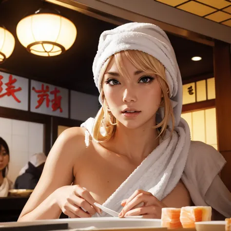 A blonde woman with a towel around her head holding sushi in a sushi restaurant