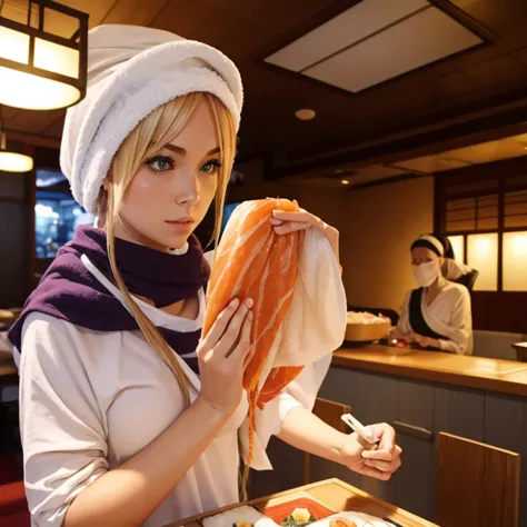 A blonde woman with a towel around her head holding sushi in a sushi restaurant