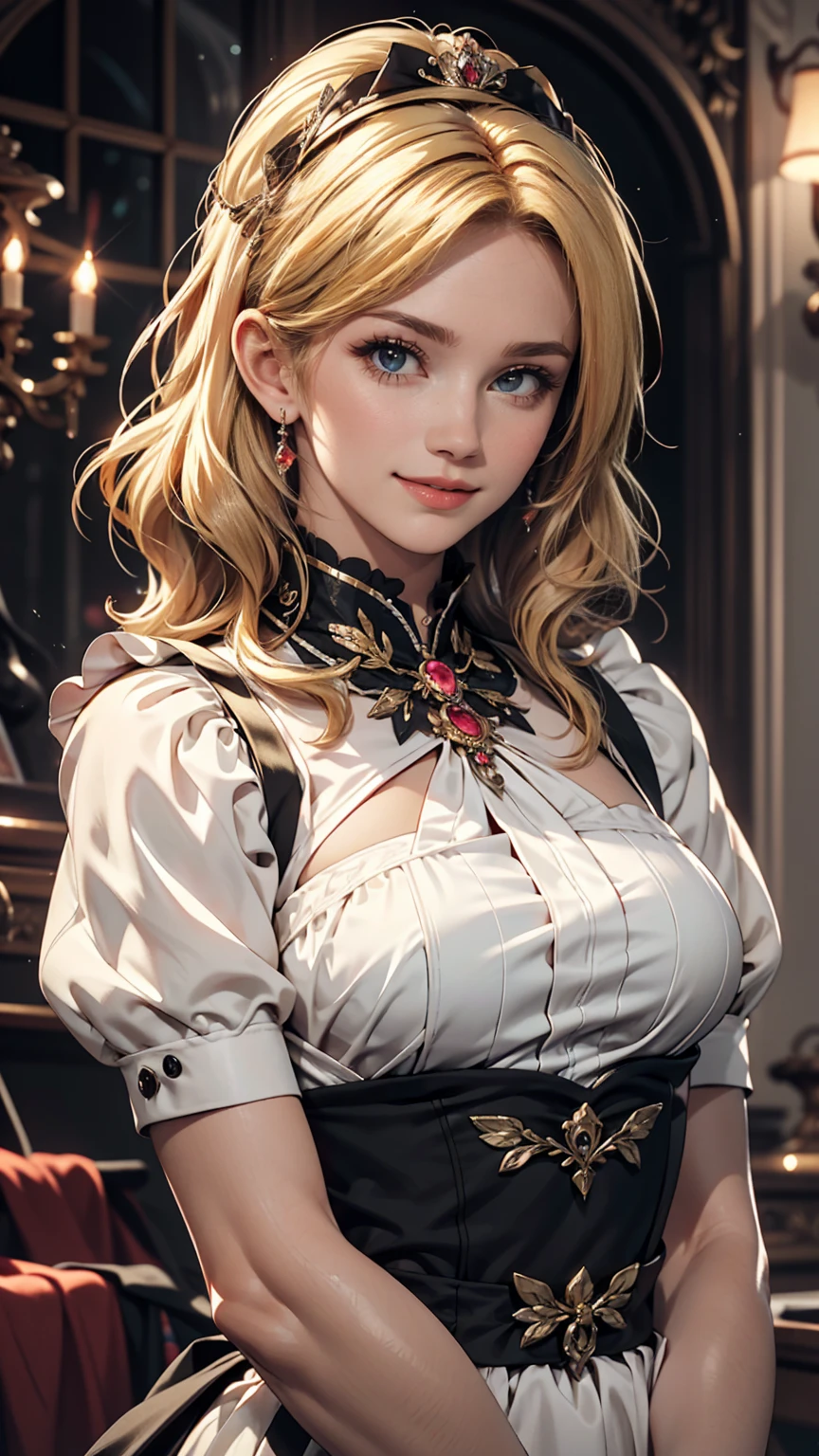 18 year old beautiful girl, Big eyes, Large Breasts, Small and slim, 8k, highest quality, (Highly detailed head: 1.0), (Highly detailed face: 1.0), (Very fine hair: 1.0), Maid clothes, Highly detailed official artwork, Anime Moe Art Style, Beautiful and detailed anime art, smile, Blonde, sleek long hair