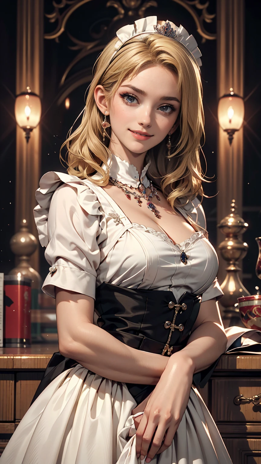 18 year old beautiful girl, Big eyes, Large Breasts, Small and slim, 8k, highest quality, (Highly detailed head: 1.0), (Highly detailed face: 1.0), (Very fine hair: 1.0), Maid clothes, Highly detailed official artwork, Anime Moe Art Style, Beautiful and detailed anime art, smile, Blonde, sleek long hair