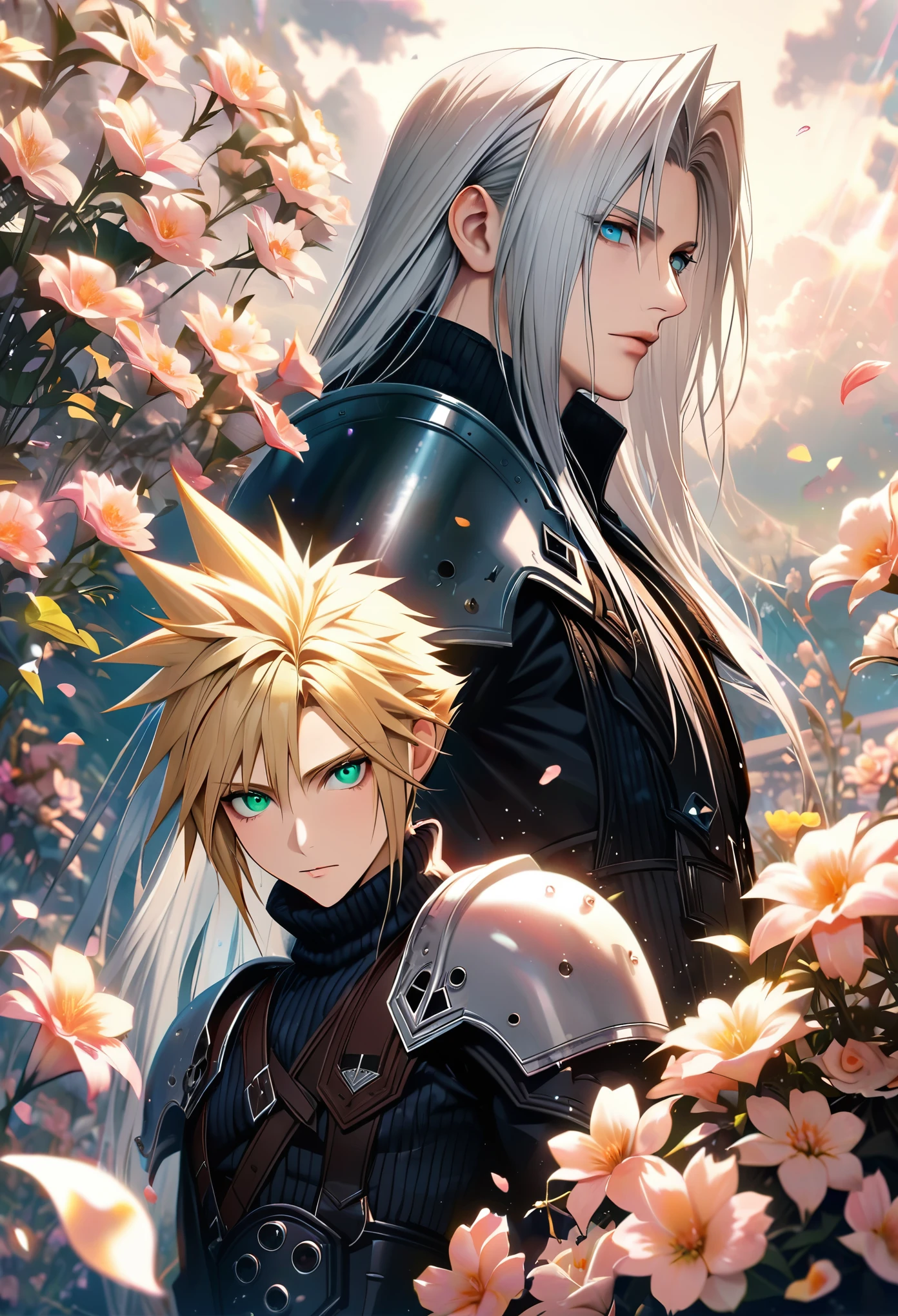 Super detailliert, hohe Auflösung, Absurd, hohe Auflösung, Cloud Strife, blaue Augen, Blonde, Sephiroth, grüne Augen, silbernes Haar, Final Fantasy VII-Neuauflage, gut aussehend, Zwei Männer zusammen, Sehr detailliertes Gesicht und Augen, Blumen und Blütenblätter, Schwarze Feder,