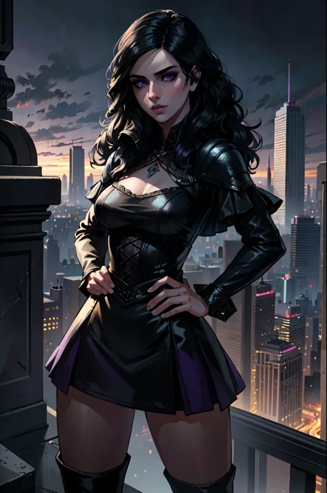 ((ultra detailed, masterpiece, best quality))
 w3yennefer, 1girl, solo, purple eyes, dress, overlooking a cityscape at night fro...