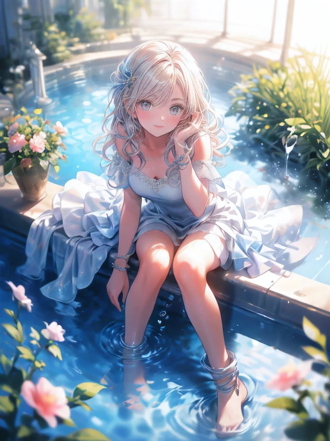 masterpiece:1.2, highest quality, 16k, highres, ultra-realistic, photorealistic:1.37, beautiful detailed:1.2, cute girl, playing in the park, fountain(with rainbow appears, high spray of water, misty water, popping water droplets, splashing water), beautiful delicate artistic avant-garde revealing summer dress, gently smile, beautiful delicate(hair, face, long eyelash, eyes, pupils, lips, knee, anklet, dress), sparkling eyes, shining rosy lips, blushed cheek, through bangs,