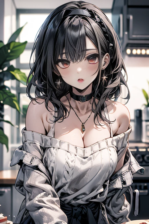 masterpiece, yor, 1girl, Amazing Cleavage:1.3, thin waist, big ass, Raised sexy, medium breast: 1.8 posed cleavage:1.2、solo, looking at viewer, open mouth, have a cup of coffee,black hair, red eyes, dress, bare shoulders, jewelry, collarbone, sidelocks, hairband, earrings, indoors, off shoulder, :o, sweater, arms behind back, plant, short hair with long locks, white hairband, off-shoulder dress, sweater dress, off-shoulder sweater, red sweater, big side hair, very long side hair,is rendered in (masterpiece: 1.2, best quality), with (ultra high resolution) and an exquisite (depth of field). This masterpiece is not only visually stunning but also tells, make of cake cooking ,in the kitchen
