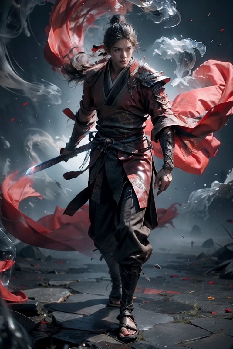 masterpiece，16K，high quality，artwork，Martial Spirit，1 boy，Red Theme，smoke，floating weapon，Long Sword，Bright Lights，Bright background，Handsome face，Delicate face，Vivid texture，Photos taken with Sony camera，Movie Lighting，Full Body Love，Walk，