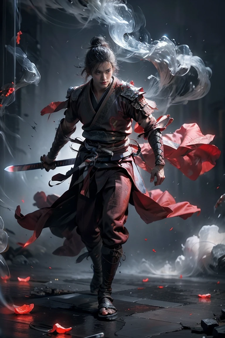 masterpiece，16K，high quality，artwork，Martial Spirit，1 boy，Red Theme，smoke，floating weapon，Long Sword，Bright Lights，Bright background，Handsome face，Delicate face，Vivid texture，Photos taken with Sony camera，Movie Lighting，Full Body Love，Walk，