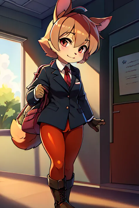 boy, squirrel and rabbit and cat, furry, bodyfur, blazer, bottomless, color tights, gloves, boots, school, school bag