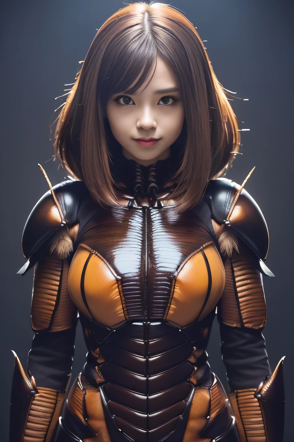 (high resolution,masterpiece,best quality,extremely detailed CG, anime, official art:1.4), realistic, photo, amazing fine details, all intricate, gloss and shiny,awesome many layers, 8k wall paper, 3d, sketch, kawaii, illustration,( solo:1.4), perfect female proportion,villainess, (fusion of dark brown cockroach and lady:1.4), (brown cockroach form lady:1.2), (brown cockroach lady:1.2), (fusion:1.2), (solo:1.4), (evil smile:1.2), muscular, abs, (cockroach brown exoskeleton bio insect suit:1.4), (cockroach brown exoskeleton bio insect armor:1.2), (brown transparency cockroach wing:1.4), (brown cockroach antennae:1.3),