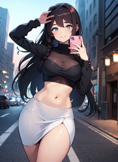 anime, 28 year old woman, taking a selfie, mischievous smile, long hair, dark hair color, stylish hairstyle, side hair long lush...