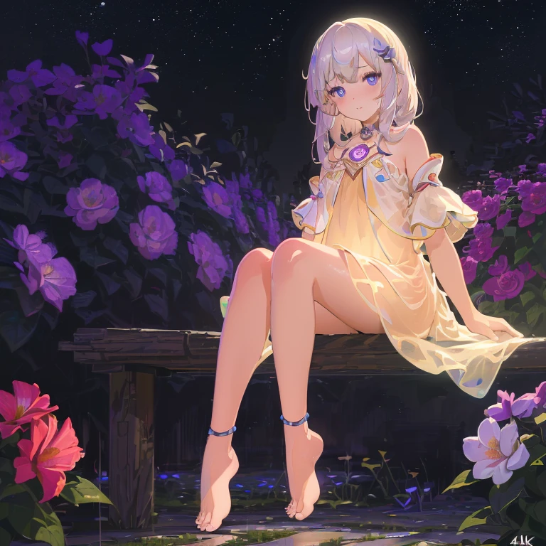 (best quality,4K,8k,high resolution,masterpiece:1.2),Ultra Detailed,(actual,photoactual,photo-actual:1.37),illustration,Soft Light,White hair girl,Deep purple eyes,Glowing eyes,sit down,barefoot,blush,Garden at night,Flowers.