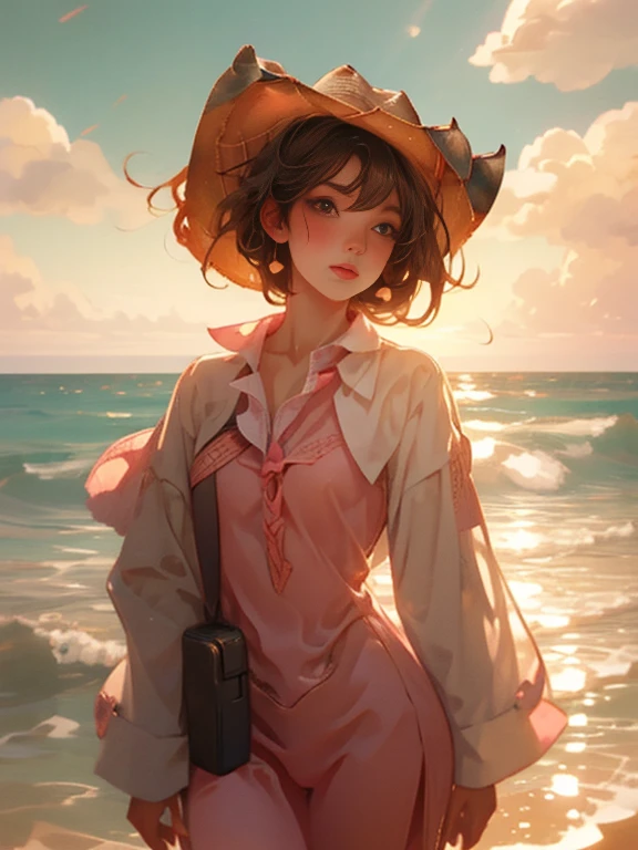 (Vision)，(panoramic:1.5)，(Wide-angle shooting:1.3)，1girl, beauty, Short brown hair，Beautiful eyes，The background is the pink sea under the sunset，Lolita style，Second Dimension，Masterpiece，High quality and high resolution，comics，Small fresh, (cowboy shot:1.8), UHD, retina, ccurate, anatomically correct, textured skin, super detail, award winning, best quality, 8k