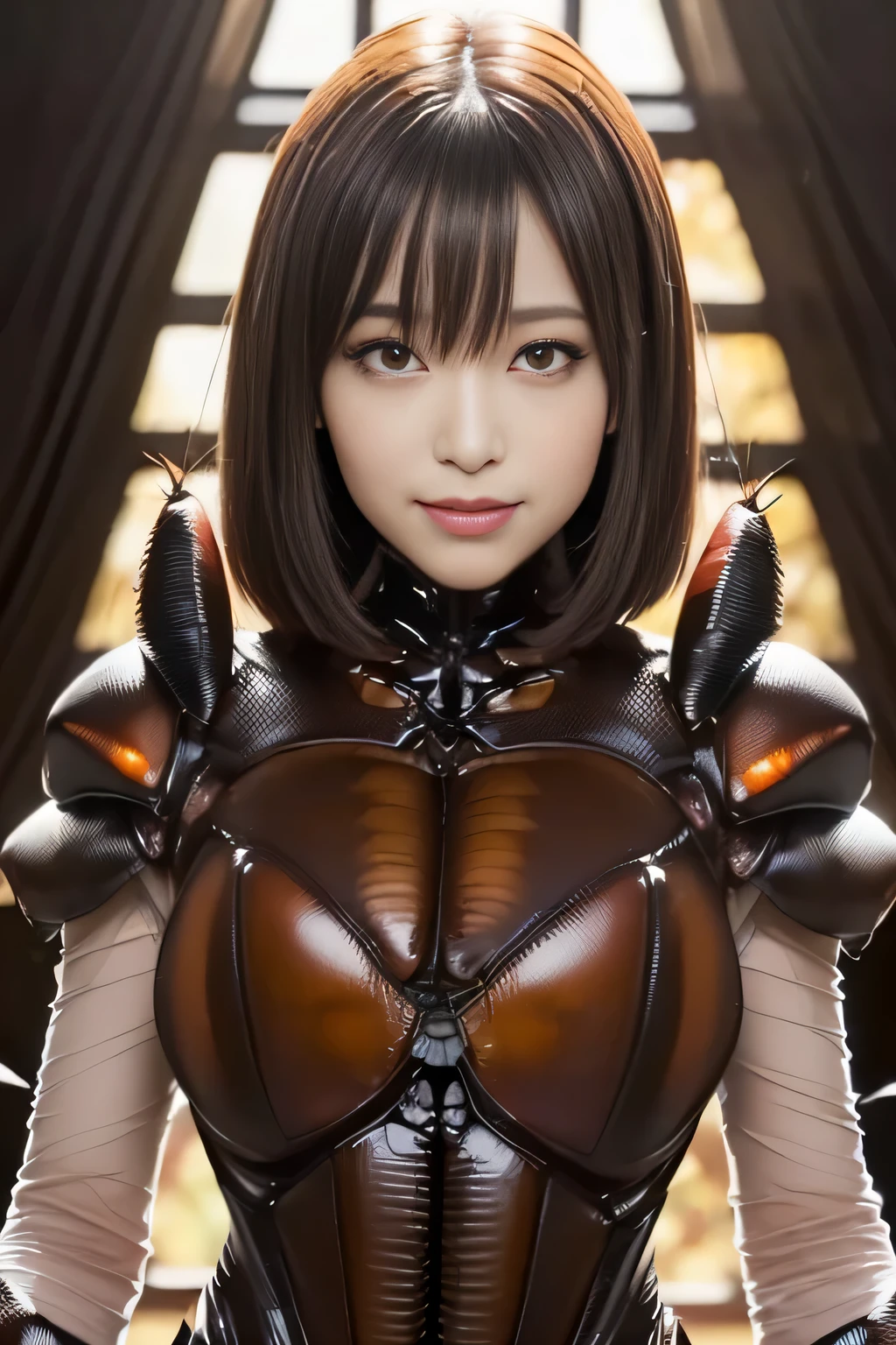 (high resolution,masterpiece,best quality,extremely detailed CG, anime, official art:1.4), realistic, photo, amazing fine details, all intricate, gloss and shiny,awesome many layers, 8k wall paper, 3d, sketch, kawaii, illustration,( solo:1.4), perfect female proportion,villainess, (fusion of dark brown cockroach and lady:1.4), (brown cockroach form lady:1.2), (brown cockroach lady:1.2), (fusion:1.2), (solo:1.4), (evil smile:1.2), muscular, abs, (cockroach brown exoskeleton bio insect suit:1.4), (cockroach brown exoskeleton bio insect armor:1.2), (brown transparency cockroach wing:1.4), (brown cockroach antennae:1.3),