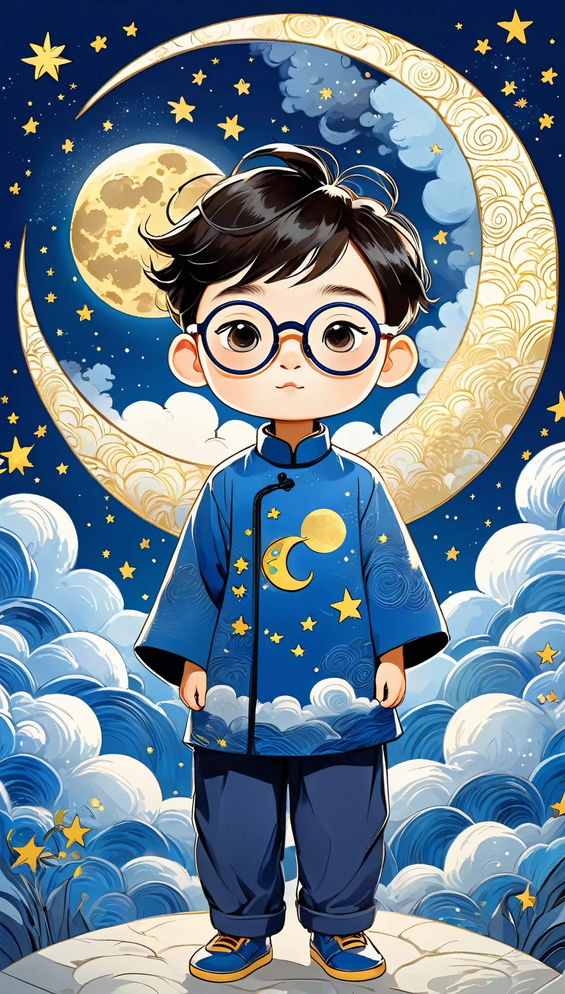 Cartoon Animation，Hand-drawn style：Rough Texture，（1 Boy，Unique，Baldhead，Round glasses。）Cloud，Star，moon，dragon，Beautiful details，Texture，Blue and gold，Integrating into the art of Van Gogh，Layered art，Lines winding
