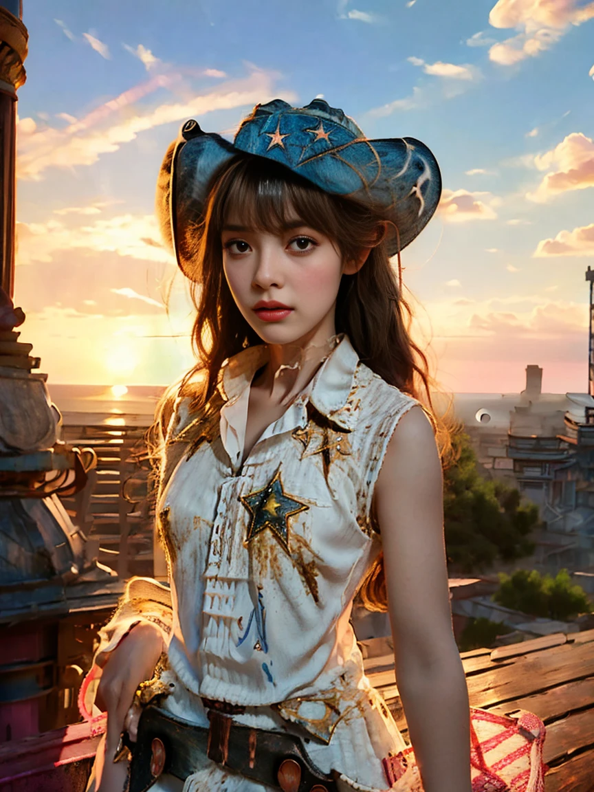 (Vision)，(panoramic:1.5)，(Wide-angle shooting:1.3)，1girl, beauty, Short brown hair，Beautiful eyes，The background is the pink sea under the sunset，Lolita style，Second Dimension，Masterpiece，High quality and high resolution，comics，Small fresh, (cowboy shot:1.8), UHD, retina, ccurate, anatomically correct, textured skin, super detail, award winning, best quality, 8k