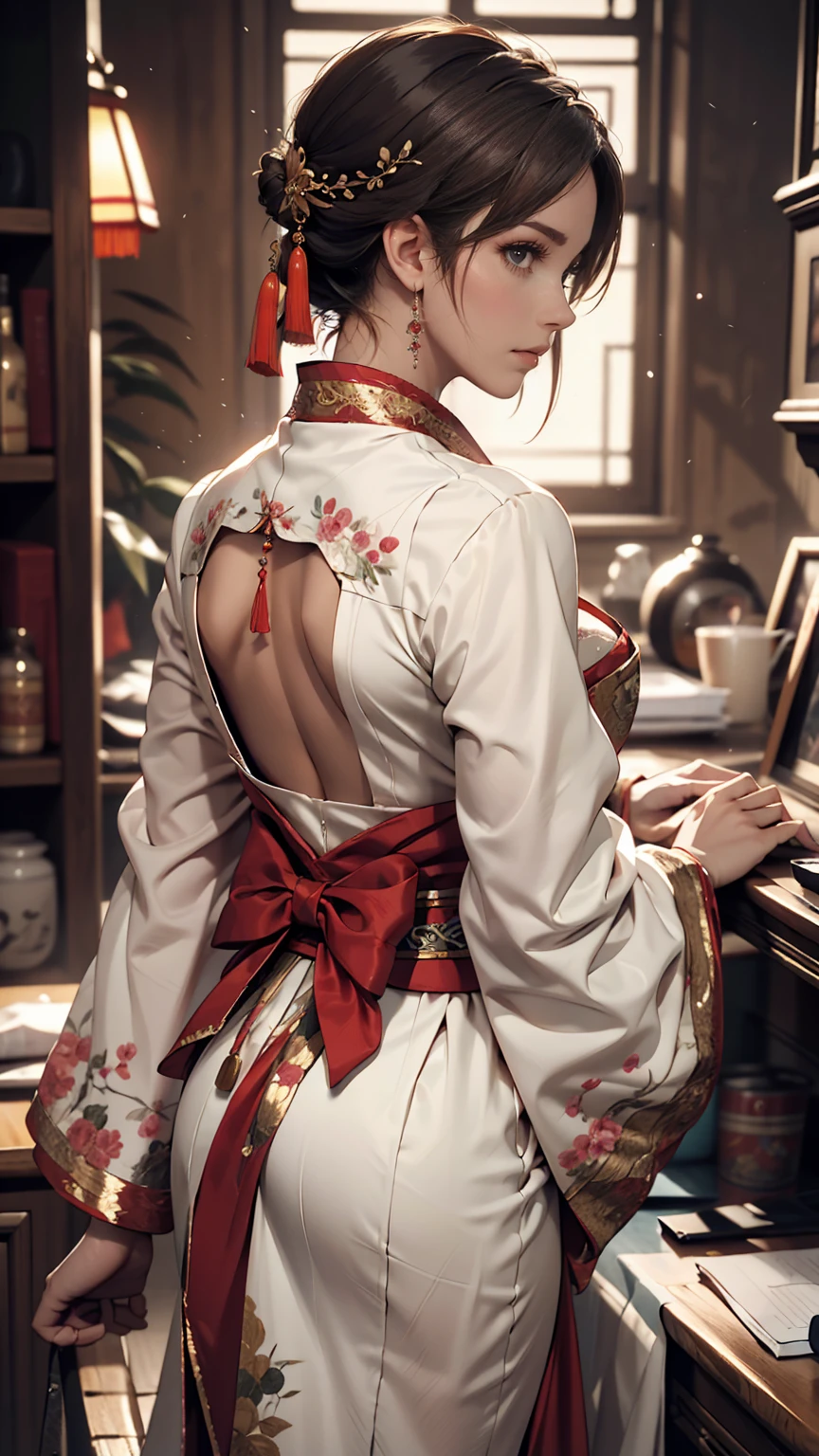 One girl.alone,Hanfu,chinese garment,(Back side:1.2),photograph, masterpiece, photographのようなリアリズム,highest quality, 超High resolution, RAWphotograph, photograph撮影, Professional, Amazing details, colorful, Surrealism, masterpiece, highest quality, High resolution, Viewpoint, highest quality, Sharp focus, Digital Art Rendering, 8k,