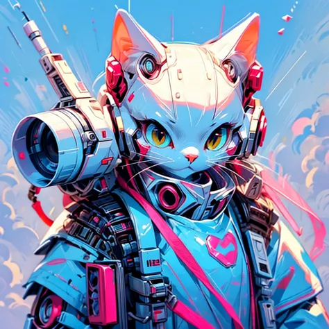 robot cat girl, white and pink color, holding an assault rifle