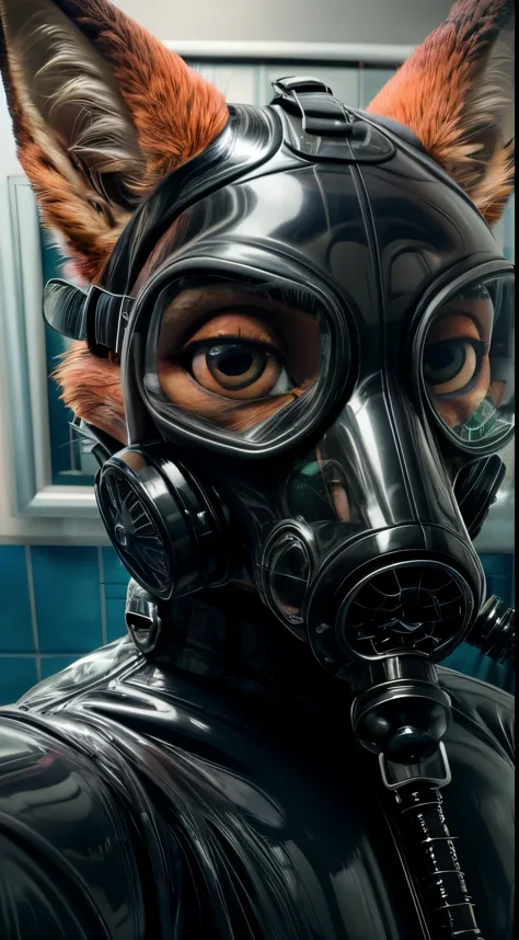 Photograph, realistic, 4k, Solo, furry, Nick Wilde, black rubber, medical examination room, (latex suit), looking at viewer, sweating everywhere , (detailed eyes, white sclera, ultra detailed eyes), extreme close up, in love, (lustful), smug, (gas mask), p...