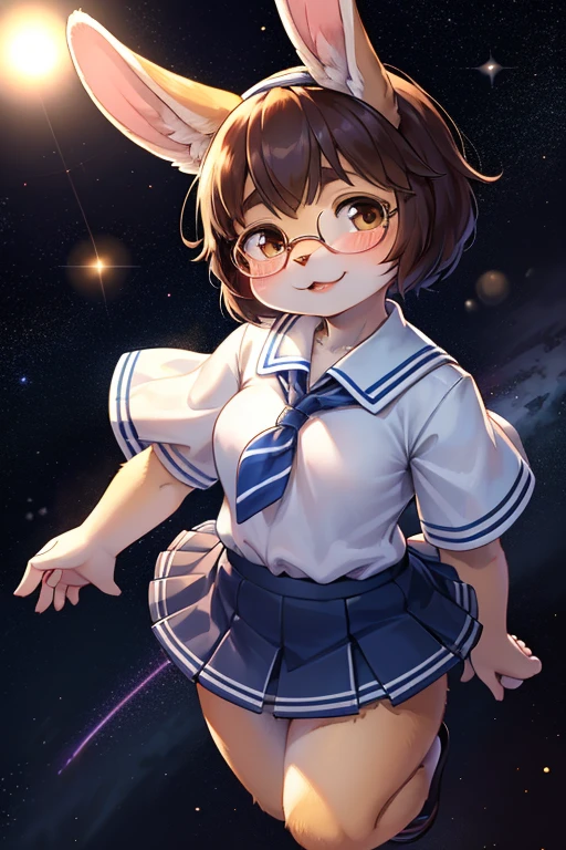 from above , full body shot , hairy bunny Short stature girl , (realistic hairy bunny fur:1.2) , round Mumps face , (tilt face:1.2) , geek , Swollen cheeks , glossy lips , eyewear , school sailor , skirt , Floating in the Starry sky , floating , Spacewalk , dynamic pose
