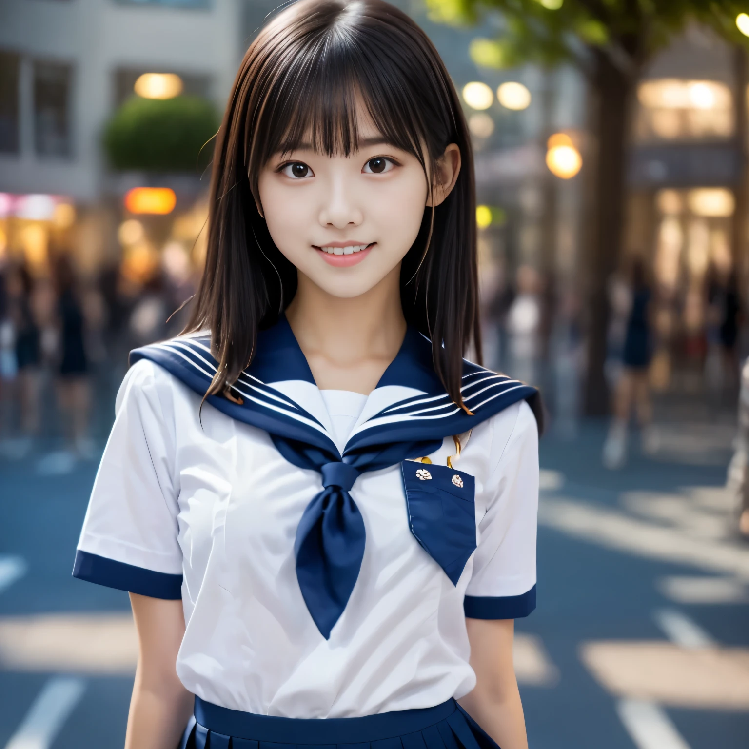 masterpiece, highest quality, 8k, 1 girl, (23 years old),  alone, Close-up of face,(Super cute idol-like face:1.2), Delicate girl, Black Hair, Middle straight hair, bangs, View your audience, Frank, Sophisticated, Professional Lighting, Film Grain,  whole body, Beautiful appearance, (No background), (White shirt, Sailor  , Navy Pleated Skirt:1.2), Small breasts, (On the way home from school), 