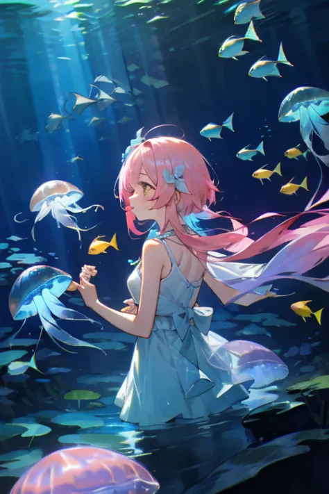 jellyfish、光るjellyfish、aquarium、tropical fish、colorfulな魚、girl、in the water、spreading hair、aquarium、light pink transparent hair co...