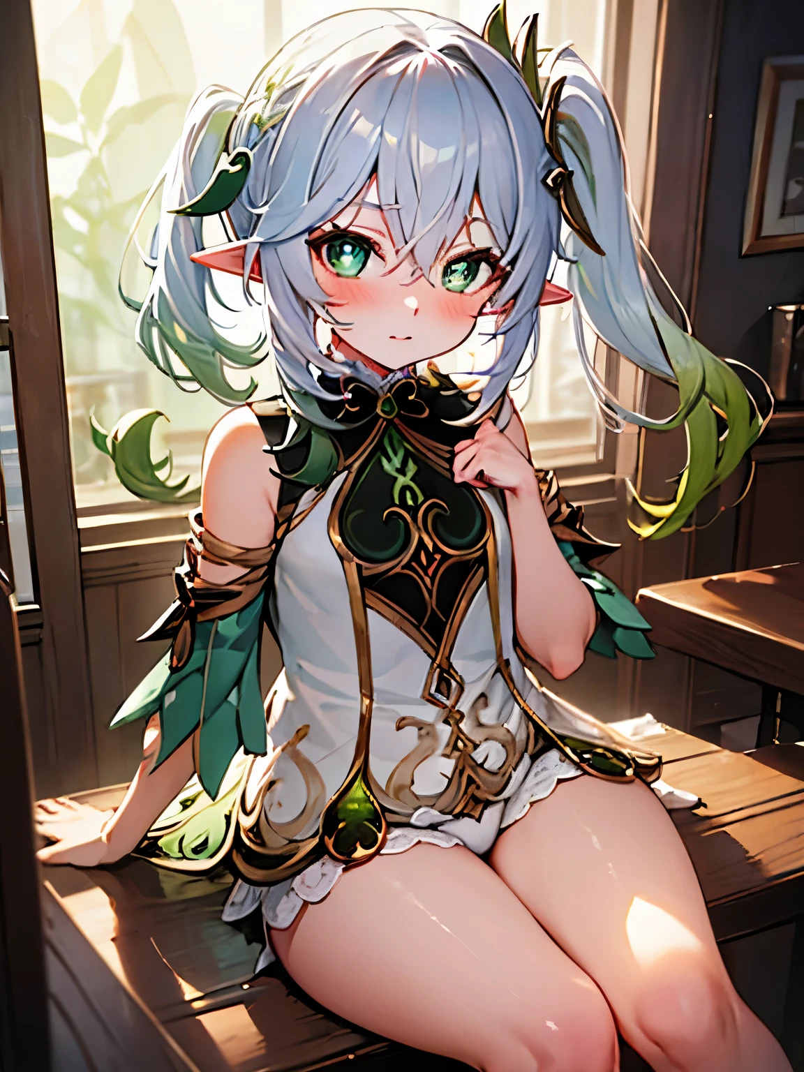 NSFW,nahida_genshin long hair、Green Eyes、bangs、Pointy Ears、hair ornaments、Gray Hair、Symbolic eyeulti-colored hair、Side Ponytail、Gradient Hair、Green Hair、Hair between the eyes、Cross pupil,Embarrassed,blush,(Perfect hands),(Perfect Anatomy),(masterpiece),(highest quality),Coffee shop