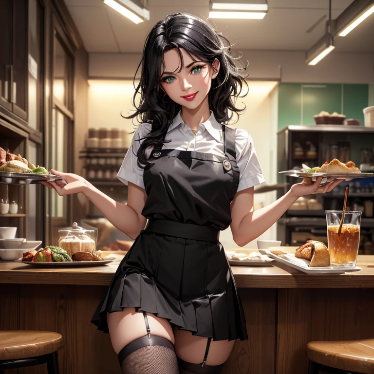 A girl, waitress, cafeteria, tables, counter, dishes, food, wearing (white buttoned shirt), (black apron), (black pleated mini skirt), (fishnet stockings), carrying a tray with dishes, extremely detailed illustration, (work -prime: 1.2), (8K, best quality: 1.2), 8K paper wallpaper, HDR, octane rendering, (messy hair, shiny black hair: 1.4), (bright, detailed green eyes: 1,2), (red lips, smile, teeth), (perfectly proportioned face, sharp details), (contoured skin shape, perfect composition, correct and smooth texture, high details), cinematic lighting, vivid colors, (high resolution: 1, 2), (ultra-detailed), Depth of field.