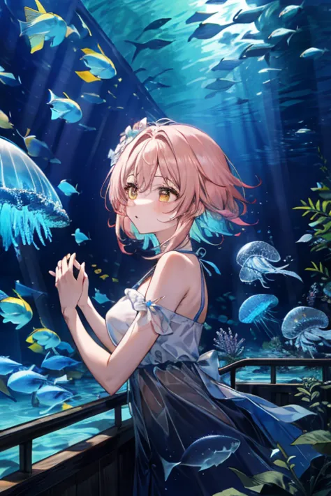 jellyfish、光るjellyfish、aquarium、tropical fish、colorfulな魚、girl、in the water、spreading hair、aquarium、light pink transparent hair co...