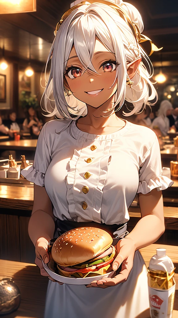 16k, (upper body depiction: 1.5)
, 1 female elf, dark skin, (gold colored contacts: 1.2), beautiful silver hair, medium hair, wears a sports cap, white frilly shirt, 1 hamburger, (eats a hamburger: 1.2), mouth open, pink lips, smile, restaurant, looking at camera