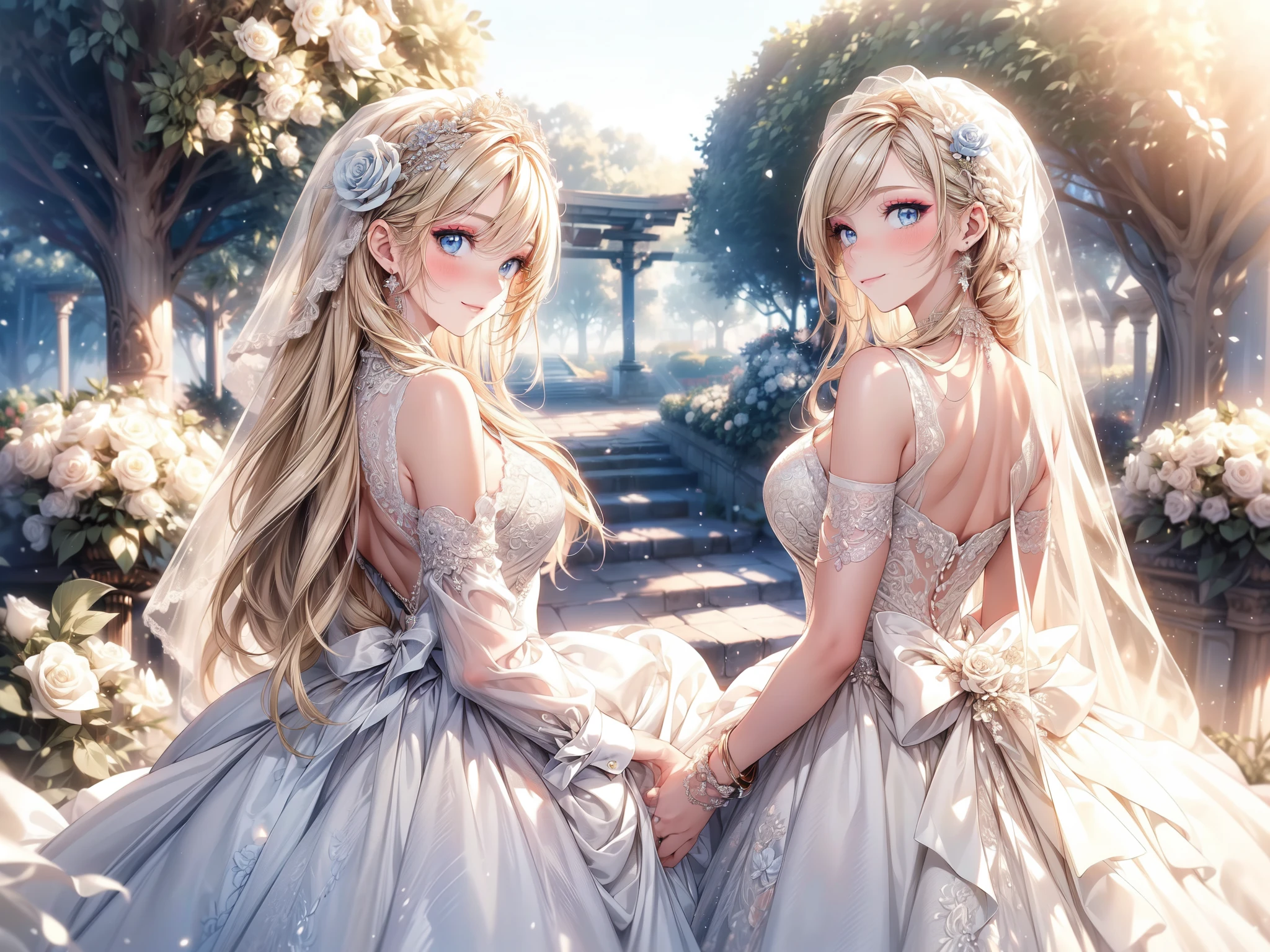 (masterpiece, best quality, beautiful and aesthetic:1.3), look back, looking at viewer, 1girl, solo, light smile, (makeup, long hair, light beige hair, blue eyes:1.2), ruanyi0256, bridal veil, lace-trimmed dress, see-through, wedding dress, outdoors, white roses, garden, morning, standing, extreme detailed, 