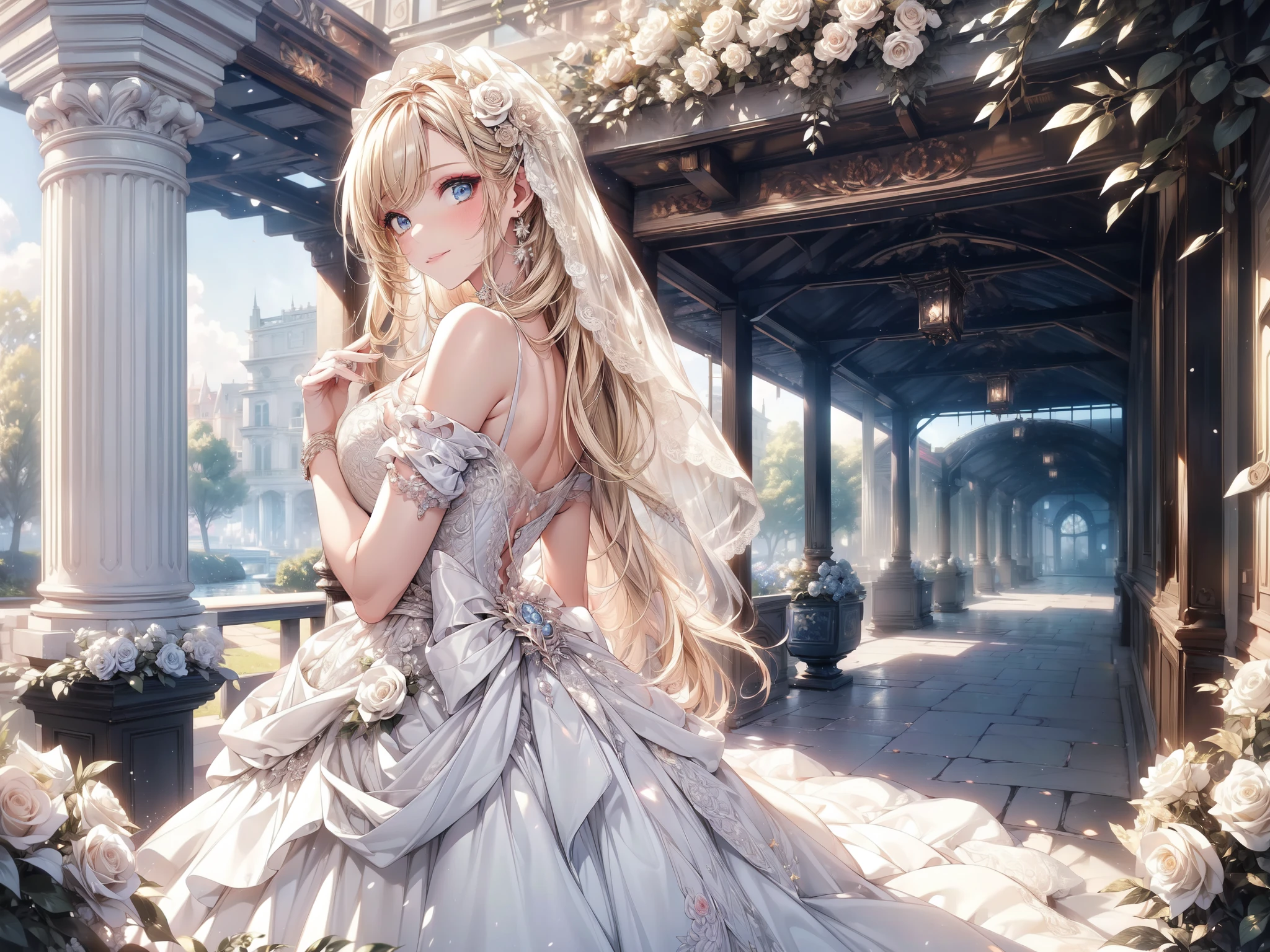 (masterpiece, best quality, beautiful and aesthetic:1.3), look back, looking at viewer, 1girl, solo, light smile, (makeup, long hair, light beige hair, blue eyes:1.2), ruanyi0256, bridal veil, lace-trimmed dress, see-through, wedding dress, outdoors, white roses, garden, morning, standing, extreme detailed, 