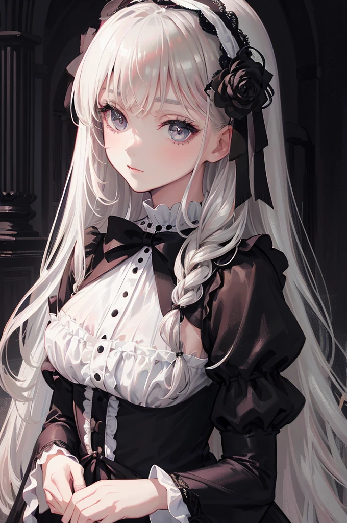 art by Cornflower,top-quality,masuter piece,Delicately drawn face,girl with a pretty face,beautiful detailed eyes,Gothic Lolita Fashionb,((Black and white costume)),(Beautiful silky silver hair:1.2),black ribbon hair ornament,Film Lighting,in Gothic room