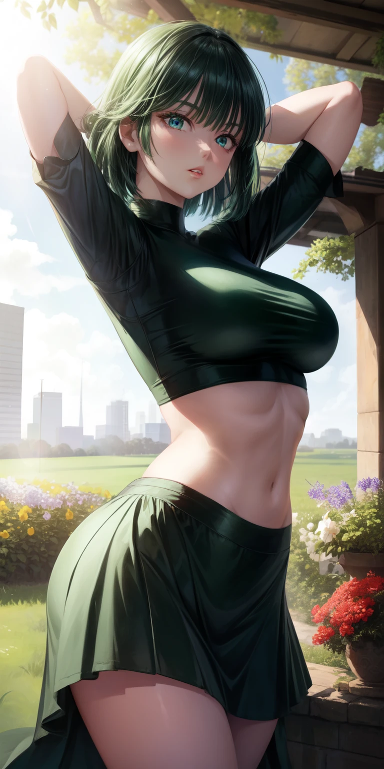 realistic, 1girl, Fubuki, green hair, green eyes, big round breasts, pure white skin, shining eyes, dark green crop top, dark green skirt, parted lips, rouge, night, flowers, sun, sunshine