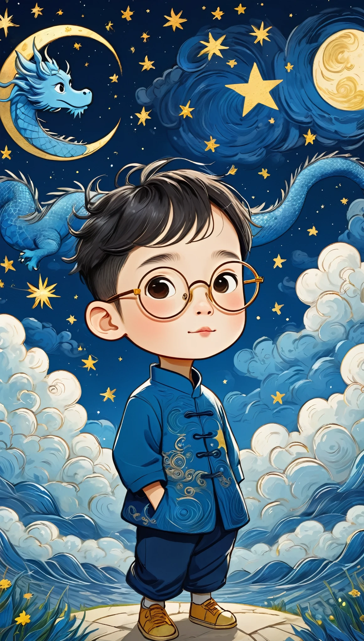 Cartoon Animation，Hand-drawn style：Rough Texture，（1 Boy，unique，Baldhead，Round glasses。）Cloud，star，moon，dragon，Beautiful details，Texture，Blue and gold，Integrating into the art of Van Gogh，Layered art，Lines winding
