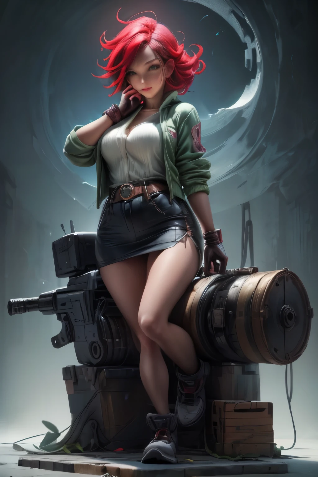 "QONITA"((long shot:1.6)), Unreal Engine:1.4, Ultra Realistic CG K, Photorealistic:1.4, Skin Texture:1.4, ((artwork 1 young woman full body:1.5)), ((red hair green eyes, full lips and a sensual smile:1.5)), punk-style hairstyle with a shaved side, tattoos, Gatling gun, box, looking at the viewer, dynamic pose, blows, ammunition belt, gloves, large breasts, Shootout, Extremely detailed:1.4, more detailed, optical mix, playful patterns, animated texture, unique visual effect, pink leather miniskirt, pink jacket, masterpiece, background an abandoned place with scrap metal, ((colors, cyan, green, pink, brown : 1.2)), ((8k realistic digital art.)), 32k