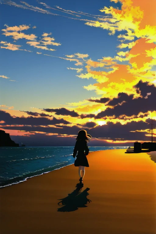 海沿いから夕陽の光が幻想的に反射して散りばめられて、フライングライト,歩く少女のシルエット, ((長い影))
