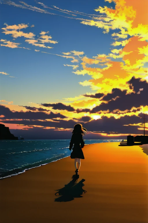 The light of the setting sun reflects fantastically from the seaside and scatters、Flying lights,Silhouette of a girl walking, ((Long Shadows))