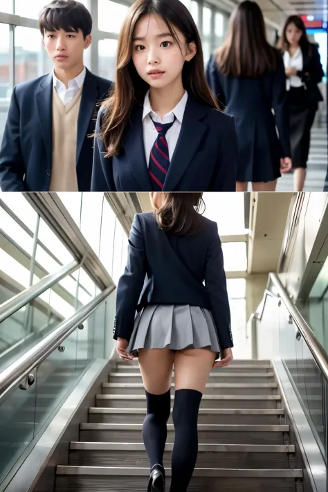 ((highest quality)), ((masterpiece)), (be familiar with),  A high school girl riding an escalator on her way to school、glaring at、navy blazer、mini skirt、navy blue socks、back view、covert photography、(View from directly below)、navy blue socksのクローズアップ、Manga p...