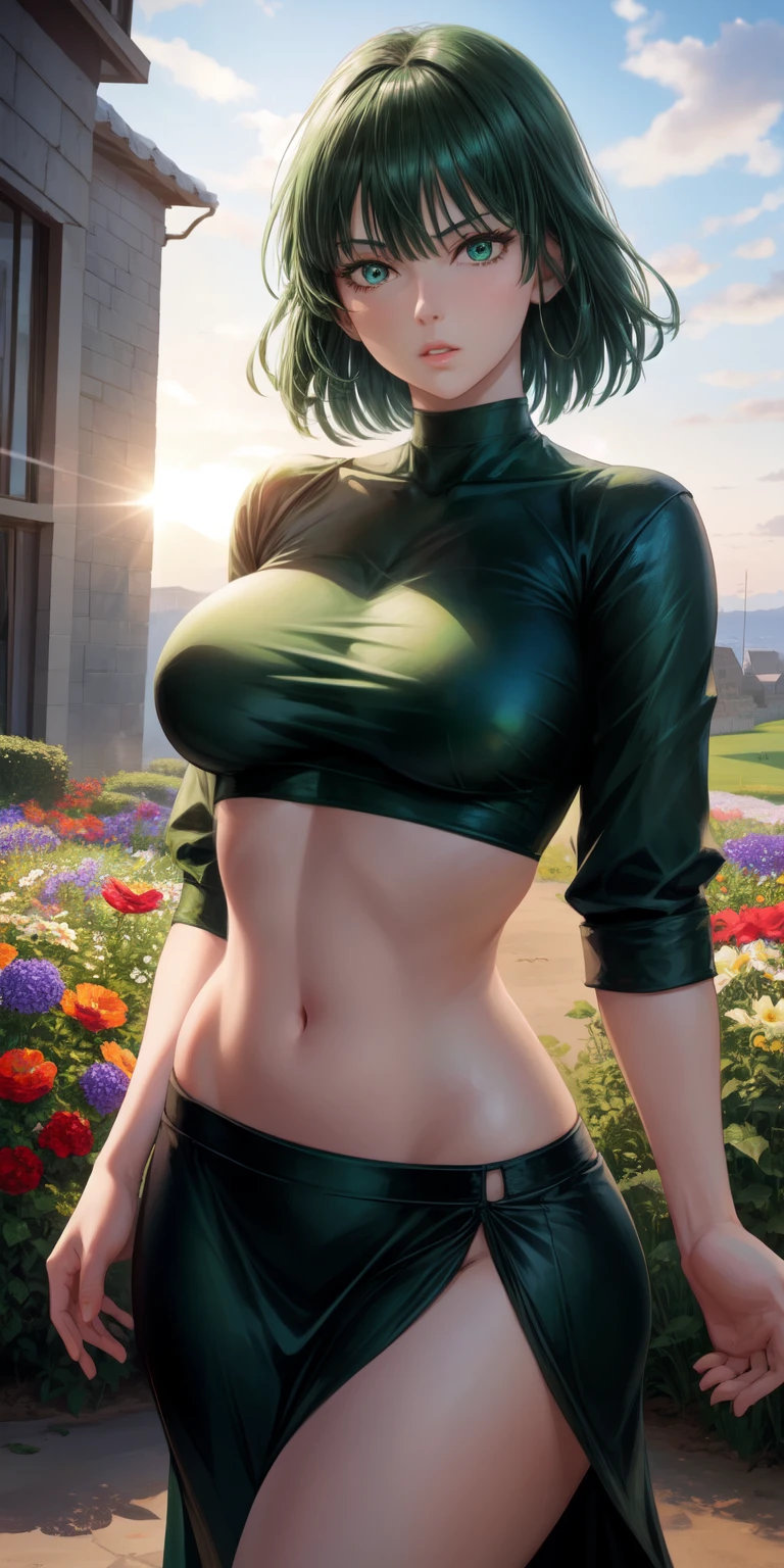 Réaliste, 1fille, Fubuki, cheveux verts, yeux verts, gros seins ronds, Peau blanche et pure, les yeux brillants, haut court vert foncé, Jupe vert foncé, lèvres entrouvertes, rouge, nuit, fleurs, soleil, soleilshine