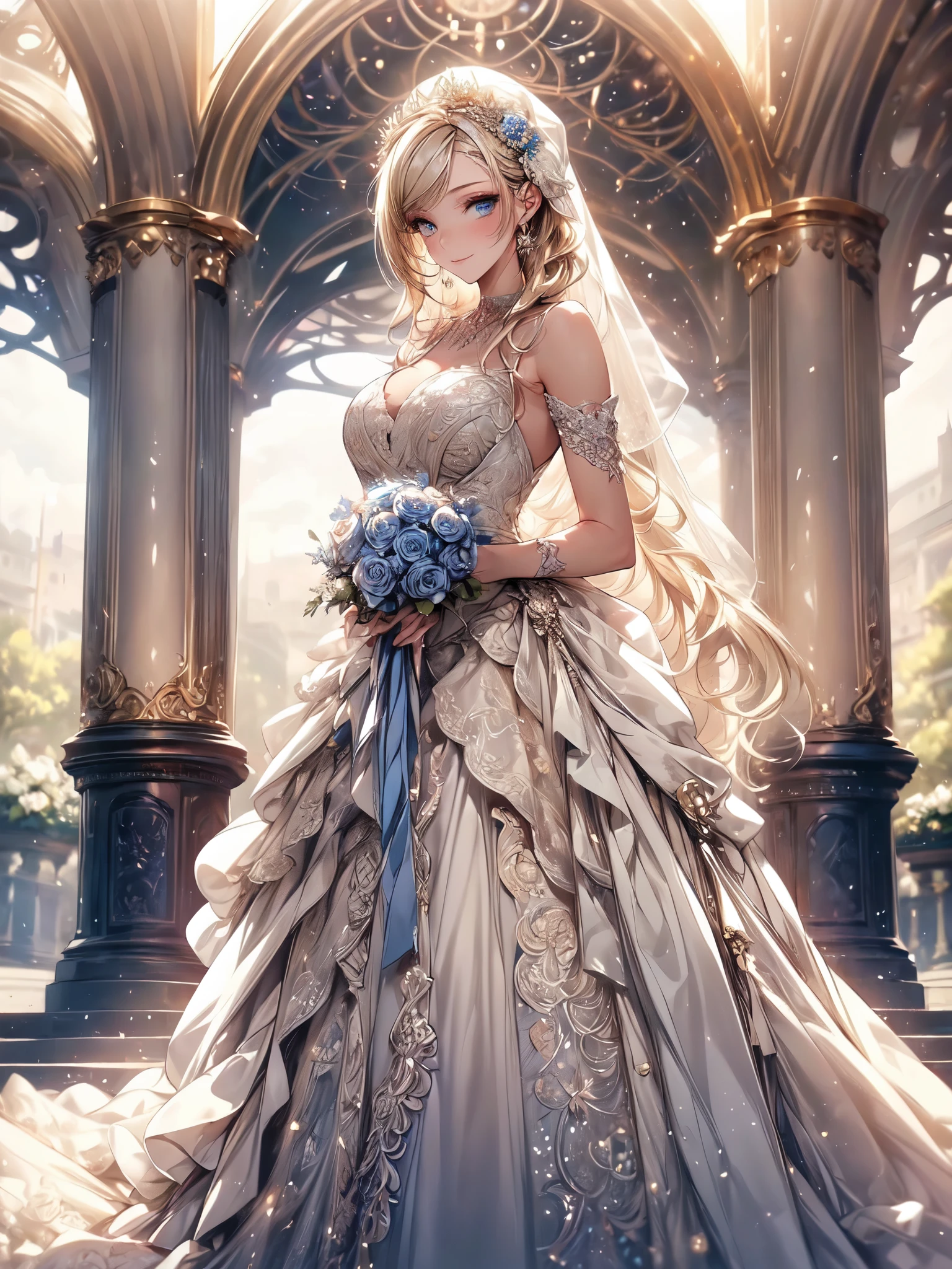 (masterpiece, best quality, beautiful and aesthetic:1.3), looking at viewer, 1girl, solo, light smile, (makeup, long hair, light beige hair, blue eyes:1.2), Octane Render, bridal veil, lace-trimmed dress, see-through, wedding dress, outdoors, white roses, garden, morning, standing, extreme detailed, 