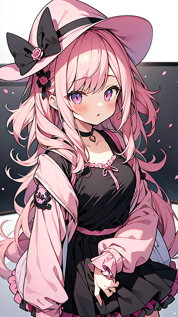 anime style,13years old girl,pink Jacket,black camisole with pink ribbon,pink_witch_hat with pink rose accessories,black skirt with pink frill,Gyaru-style vertical roll hair,midium breasts,class room,